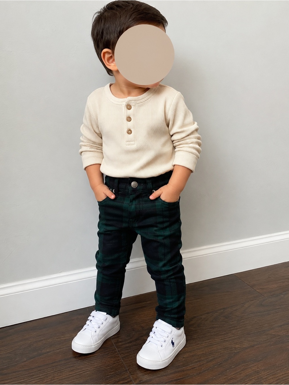 Ralph Lauren Cream Henley Top with Dark Green Plaid Pants